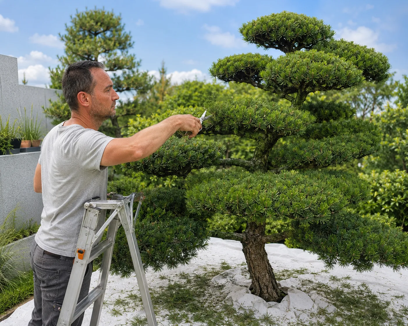 Ich beim Formschnitt eines Garden Bonsai