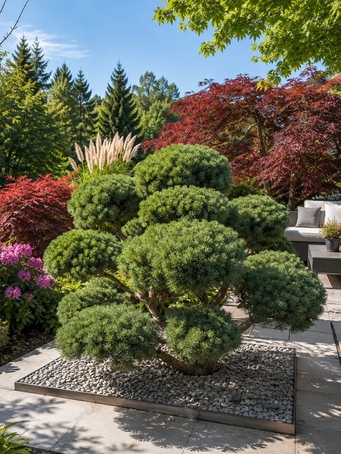 Kiefern-Gartenbonsai als Solitär im Kiesfeld einer Terrasse