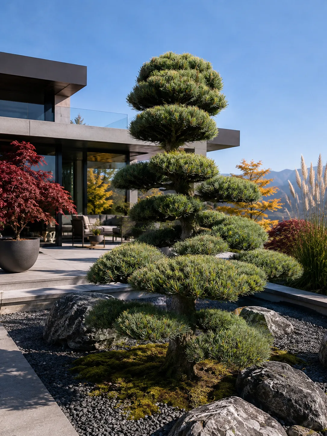 Terrasse vor dem Haus mit Garten-Bonsai aus japanischer Weisskiefer (Pinus parviflora) und einer Kombination mehrerer japanischer Ahorne (Acer palmatum, Acer palmatum 'Dissectum')