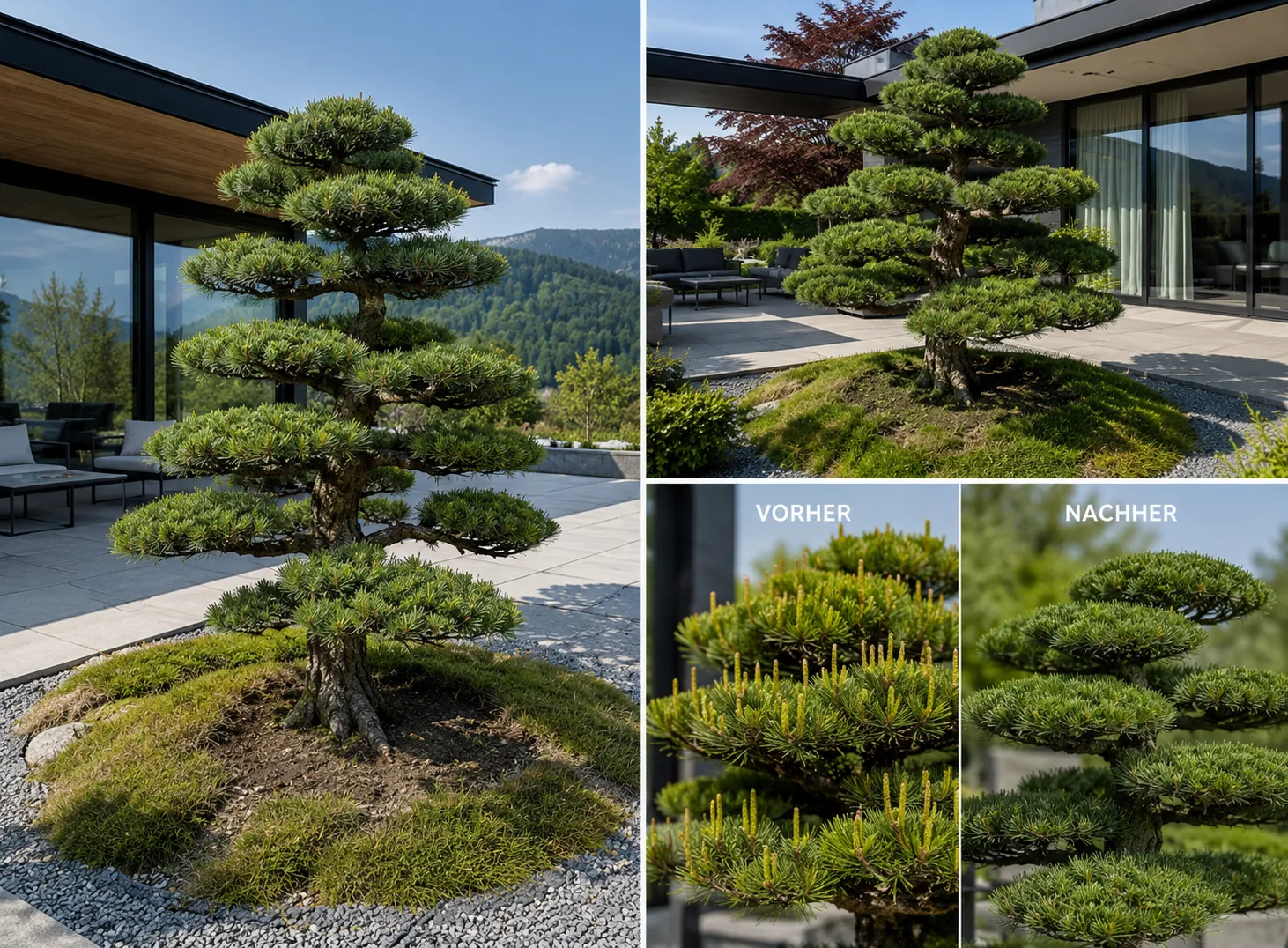 Gartenbonsai im Kübel auf einer Terrasse vor und nach dem Kerzenschnitt im Vergleich