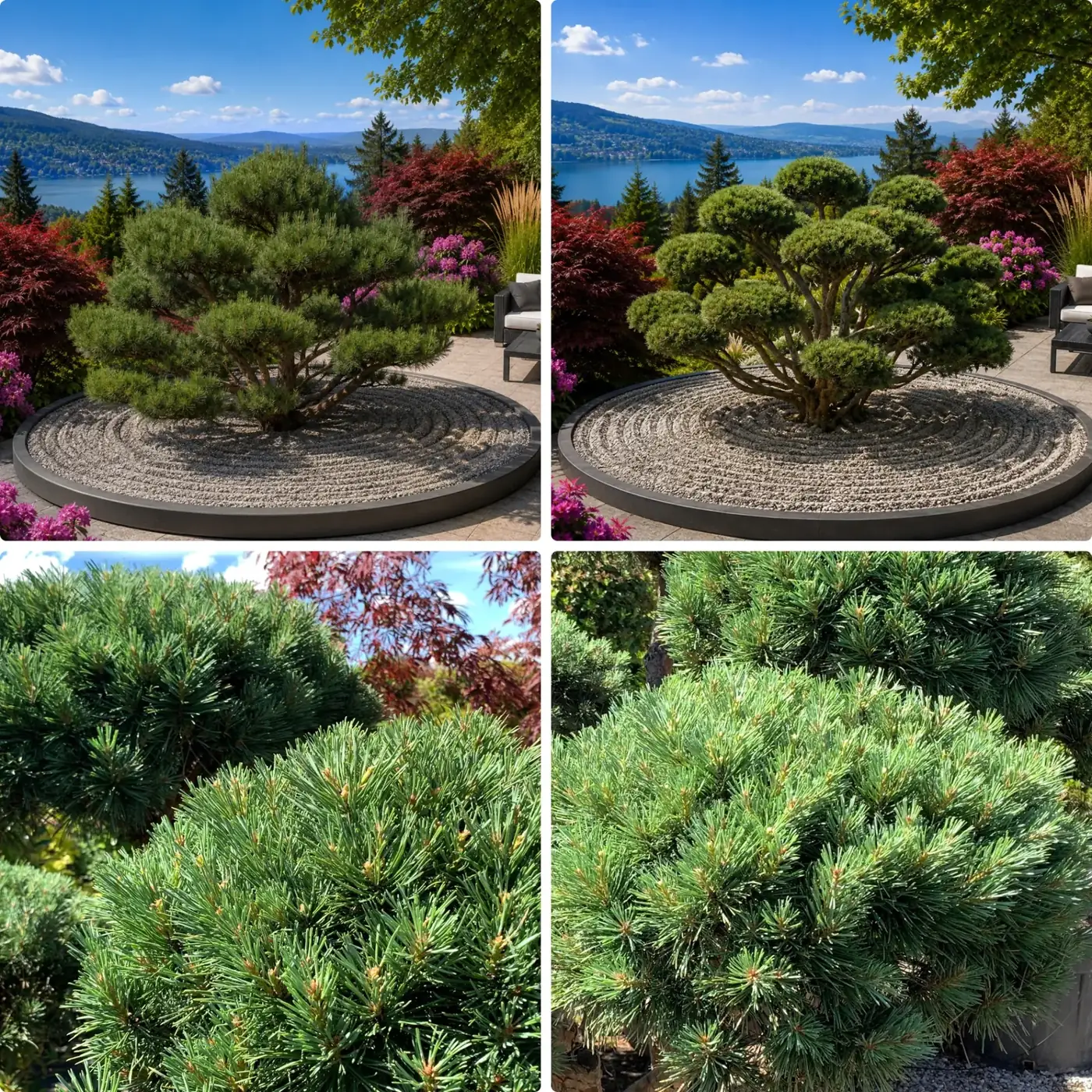 Garden Bonsai aus Pinus sylvestris 'Watereri' im runden Kiesbeet mit Seeblick vor und nach der Kronenkorrektur
