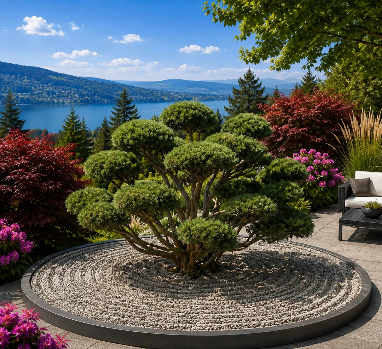 Gartenbonsai im runden Kiesbeet einer Seeterrasse nach dem Formschnitt