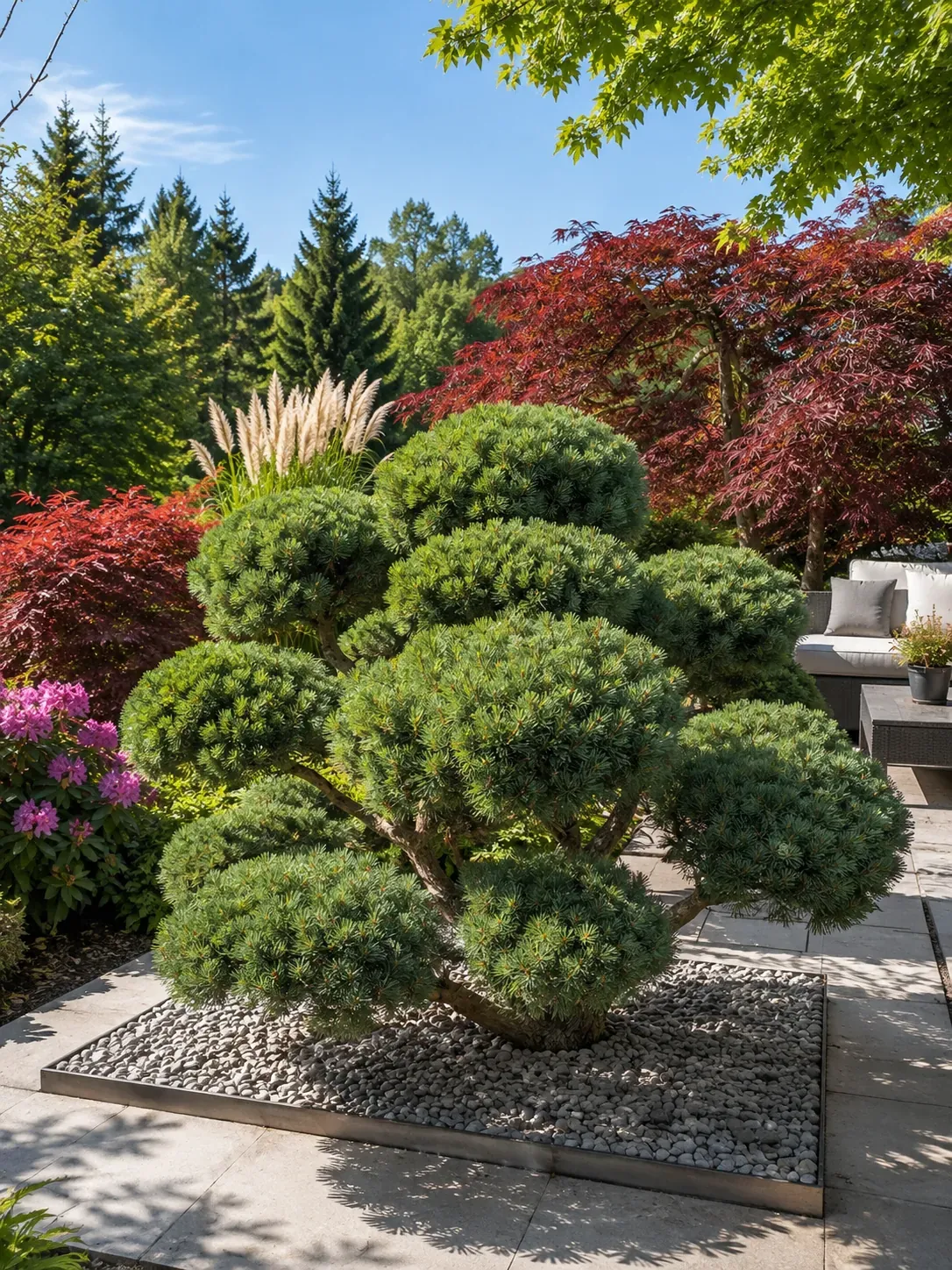 Kiefern-Gartenbonsai als Solitär im Kiesfeld einer Terrasse