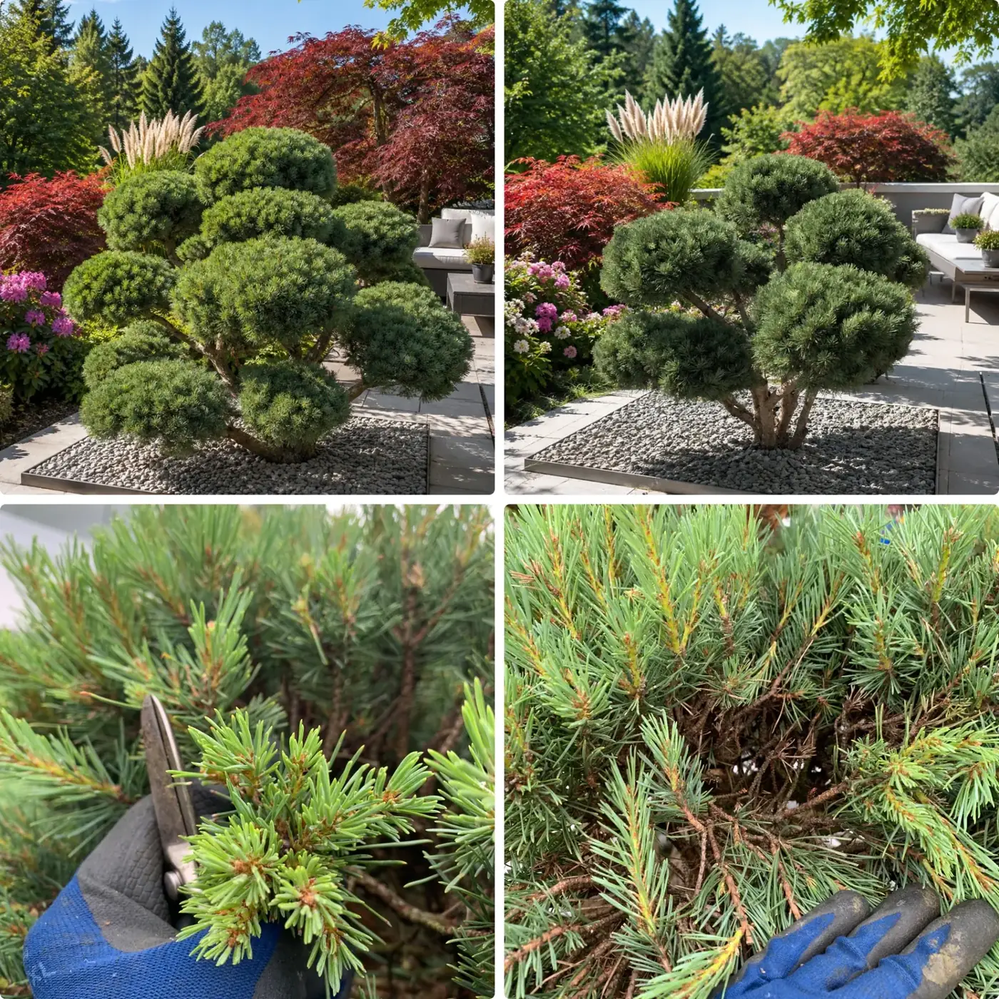 Garden Bonsai aus Pinus sylvestris 'Watereri' auf der Terrasse vor und nach dem Auslichten der Etagen, mit Nahaufnahmen des Handschnitts