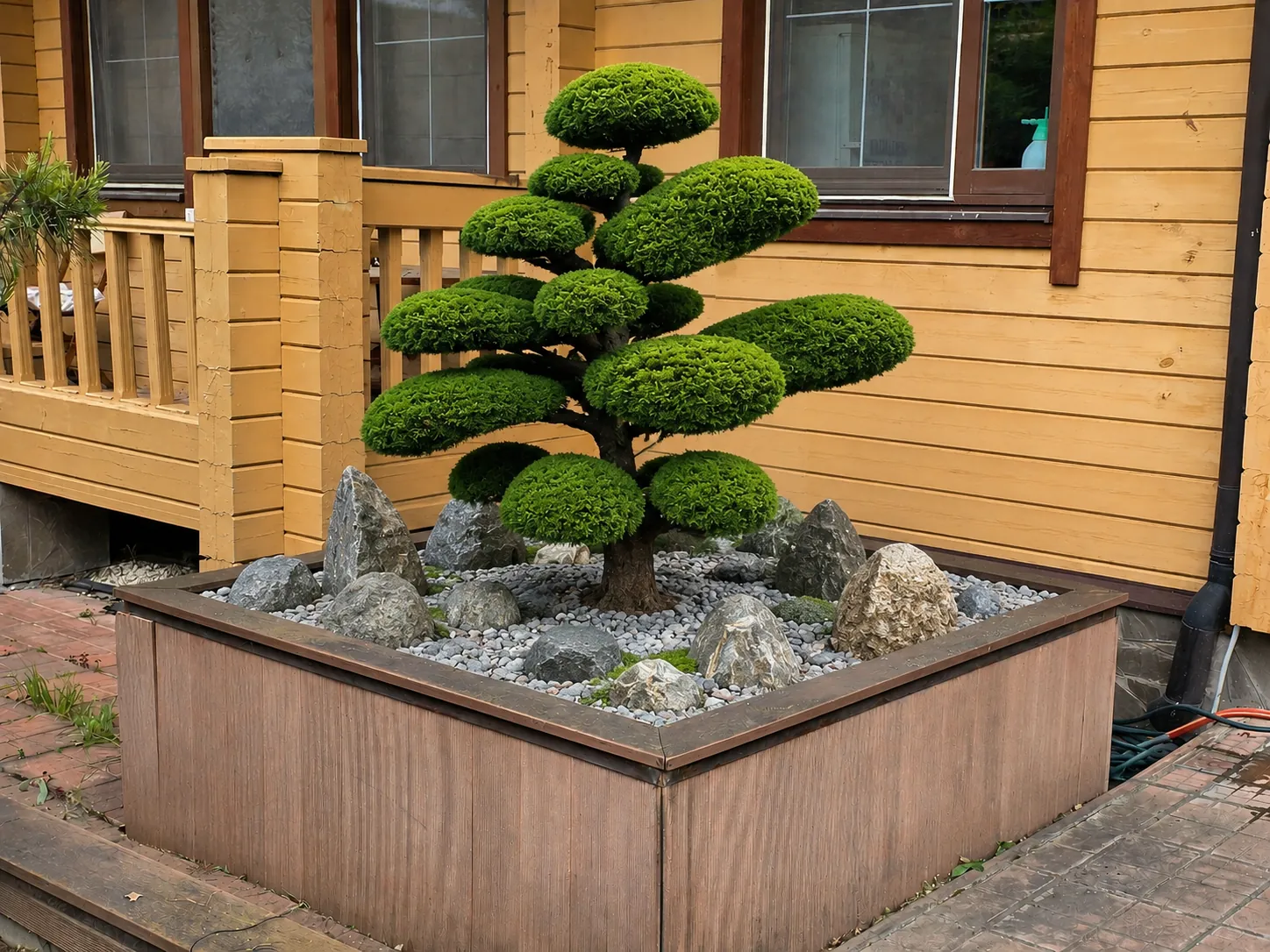 Gartenbonsai im Hochbeet mit Kies und Natursteinen vor einem Holzhaus