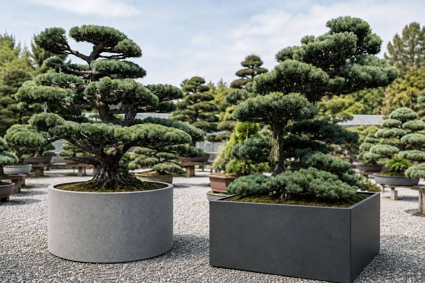 Garden bonsai di pino bianco giapponese (Pinus parviflora) in un'area di vendita