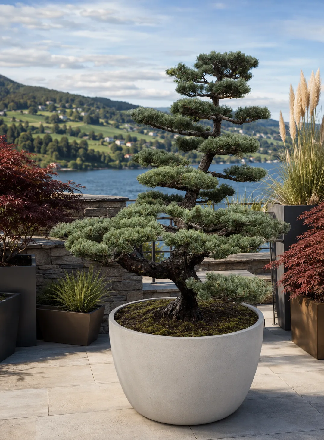 Pino bianco giapponese (Pinus parviflora) – lavoro di fine stagione sui giovani germogli Bonsai da giardino di pino bianco giapponese (Pinus parviflora) in una ciotola chiara sulla terrazza sul lago dopo il lavoro di fine stagione sui giovani germogli