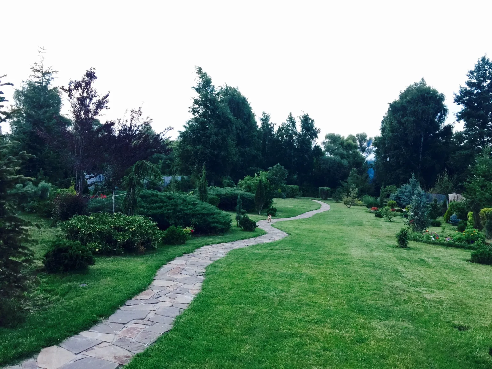 Weitläufiger Garten mit Natursteinweg und Rasenfläche