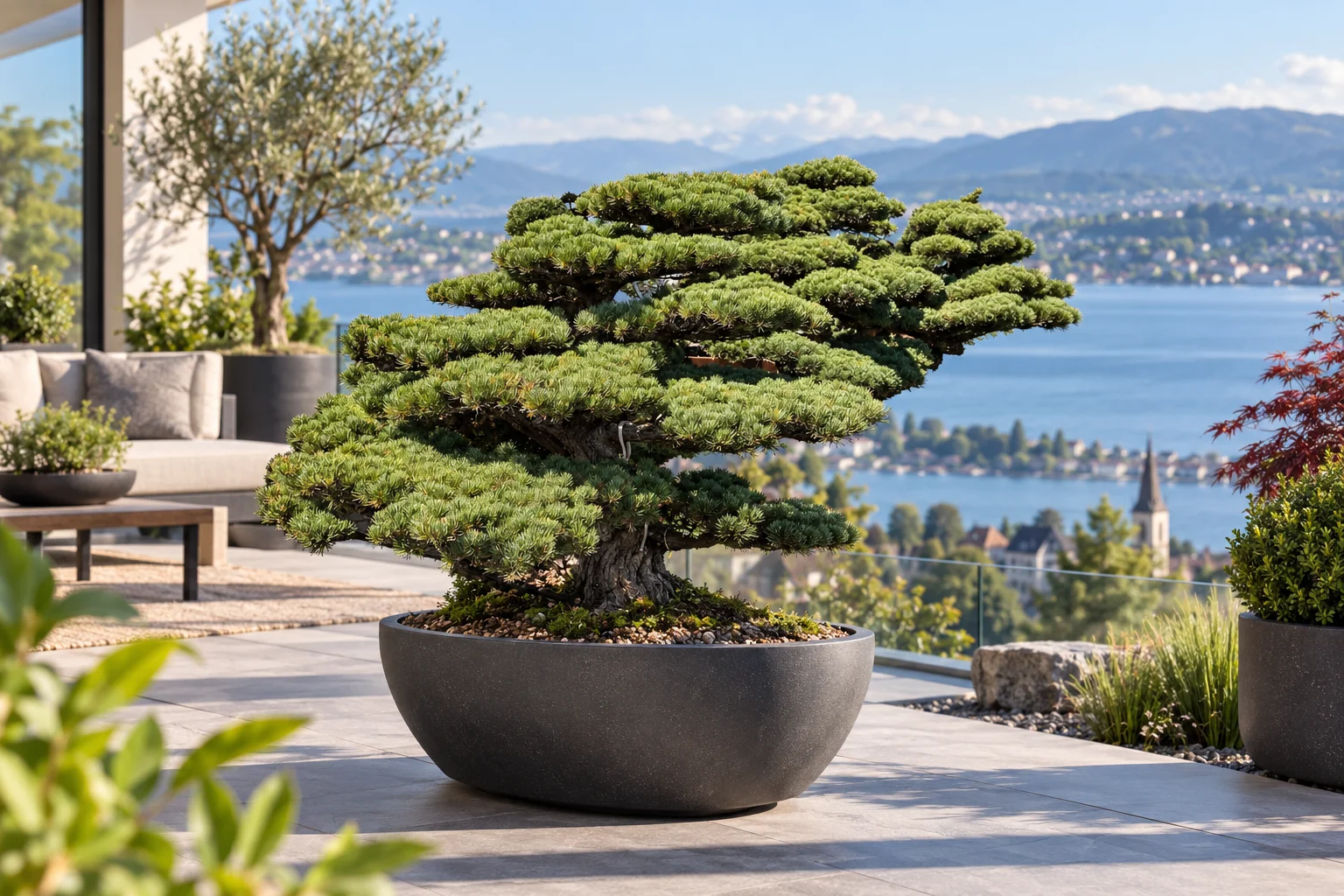 Japanische Mädchenkiefer (Pinus parviflora) in Terrassenkomposition im Kanton Zürich Gartenbonsai aus Japanischer Mädchenkiefer (Pinus parviflora) in einer runden Schale auf einer Terrasse mit See- und Bergblick im Kanton Zürich