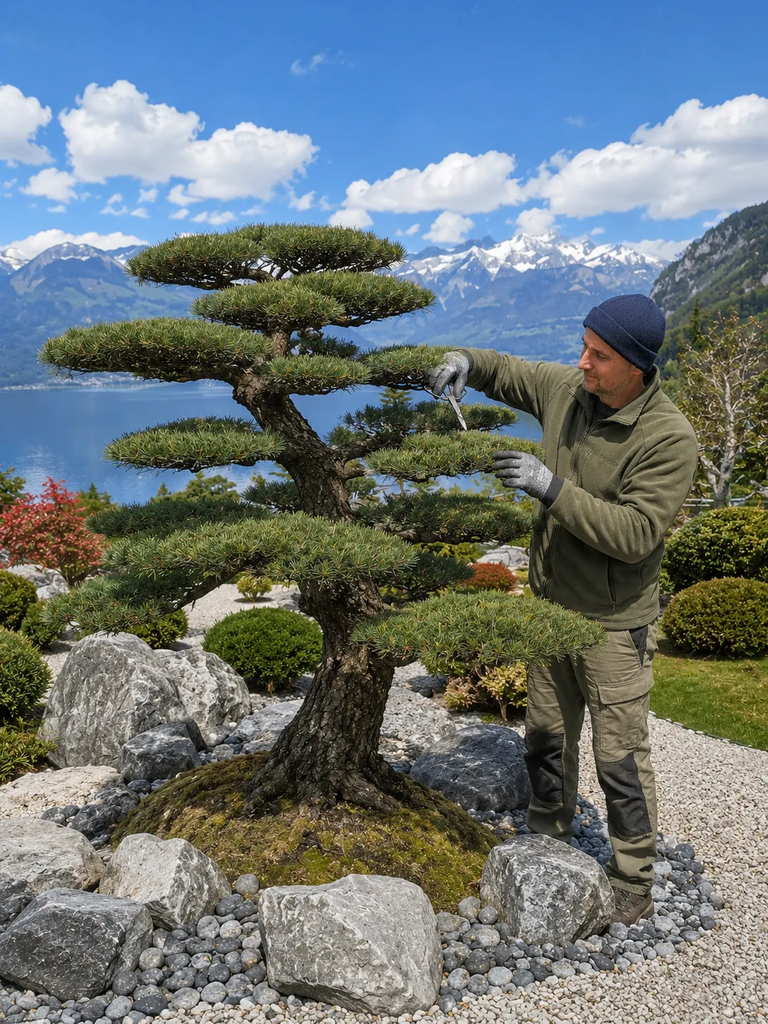 Formschnitt an einem Gartenbonsai mit Blick auf See und Berge