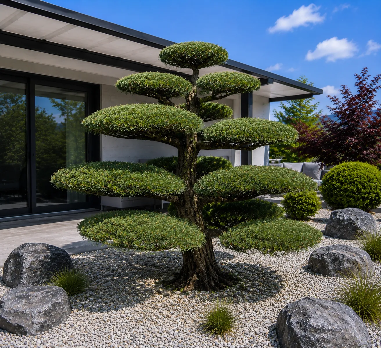 Gartenbonsai mit klaren Wolkenetagen im Kiesgarten vor modernem Haus