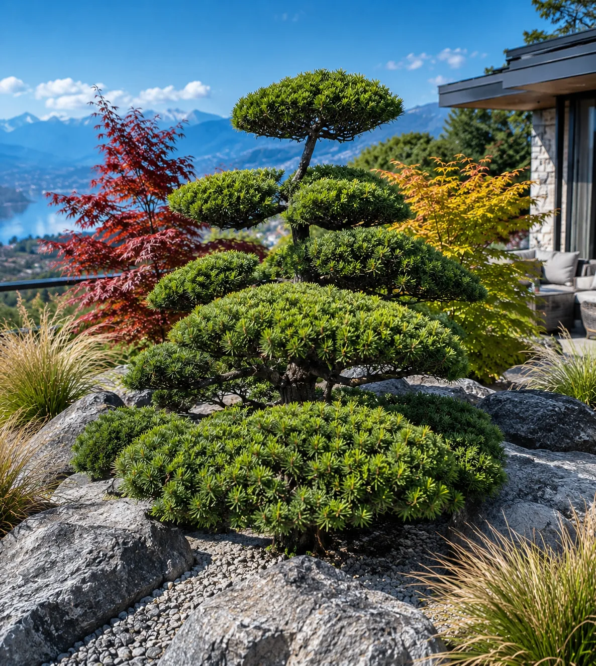 Formgeschnittene Eibe (Taxus baccata) im Kiesbeet mit Bergpanorama
