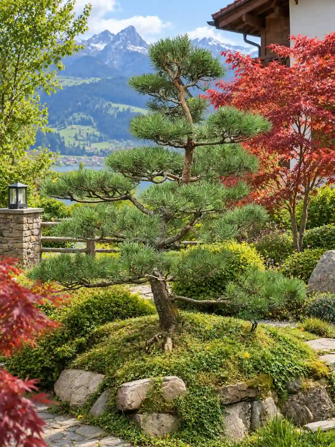 Kiefern-Gartenbonsai mit klaren Etagen vor Bergpanorama und rotem Fächerahorn