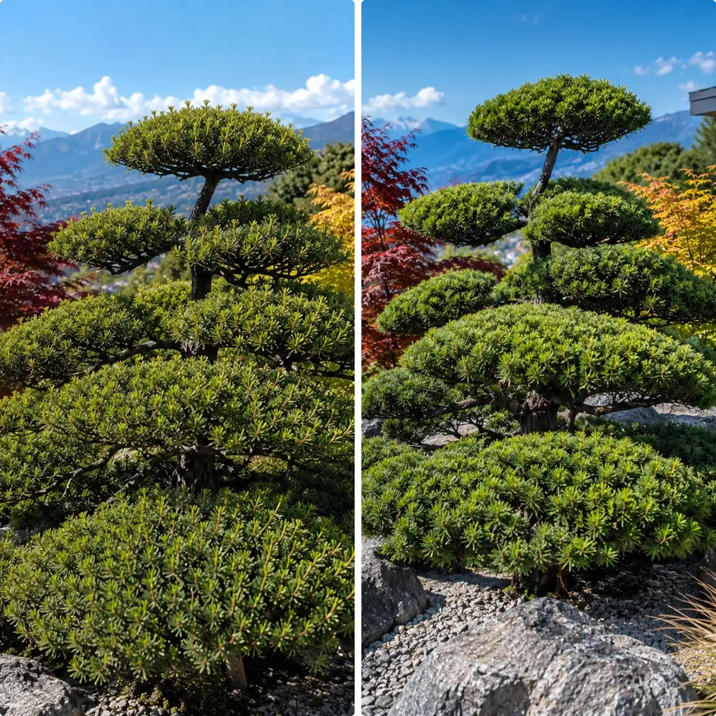 Vorher und nachher – Podocarpus: Silhouette geklärt Vorher-Nachher-Vergleich eines Podocarpus als Niwaki vor Bergpanorama