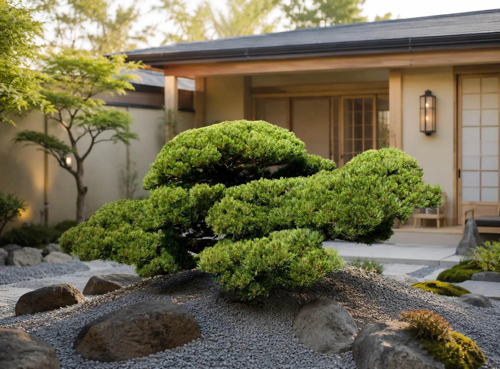 Japanischer Garten mit formgeschnittener Kiefer als Niwaki vor einem Wohnhaus