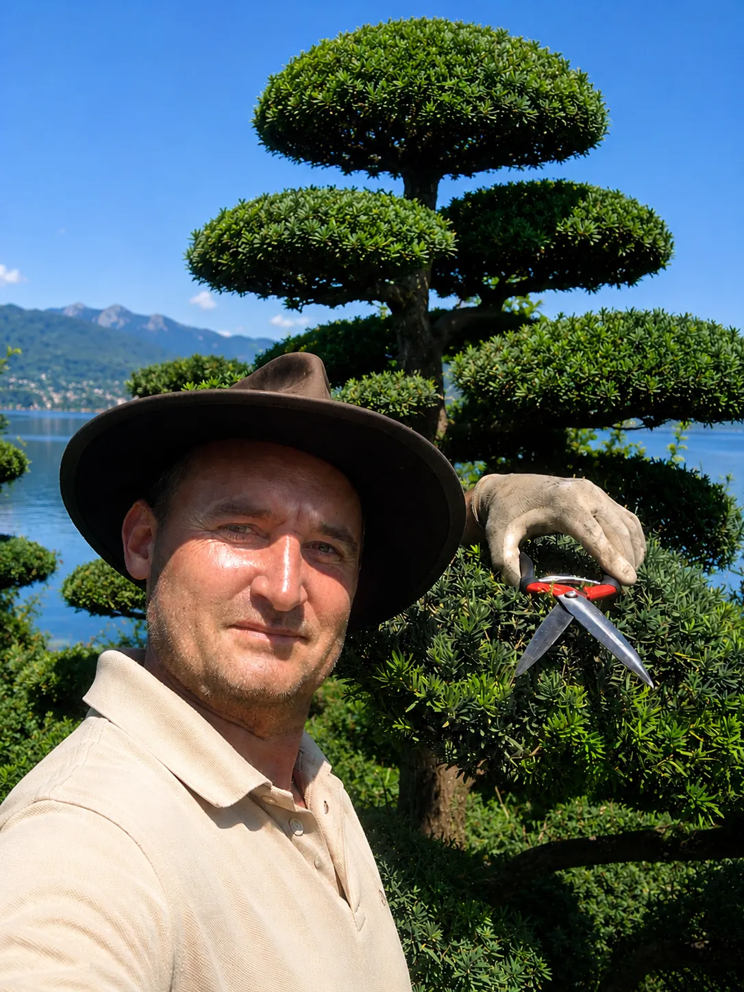 Ich mit Bonsaischere vor einem Eiben-Gartenbonsai