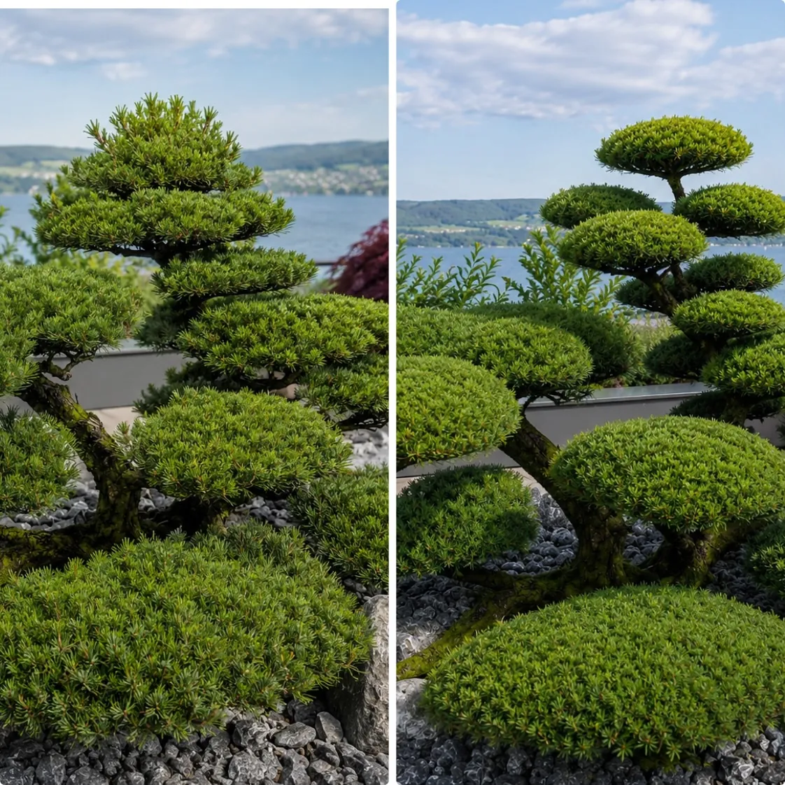 Pinus parviflora im Garten mit Seesicht nach der Pflege