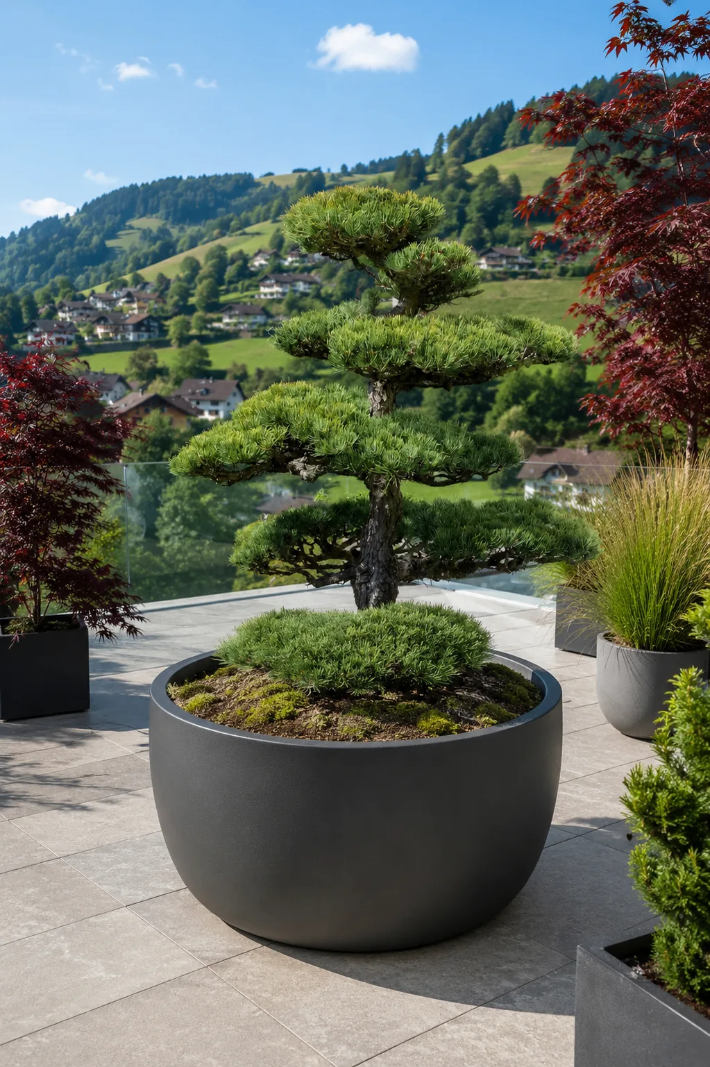 Pino bianco giapponese (Pinus parviflora) – lavoro di fine stagione sui giovani germogli Bonsai da giardino di pino bianco giapponese (Pinus parviflora) in una ciotola rotonda sulla terrazza dopo il lavoro di fine stagione sui giovani germogli