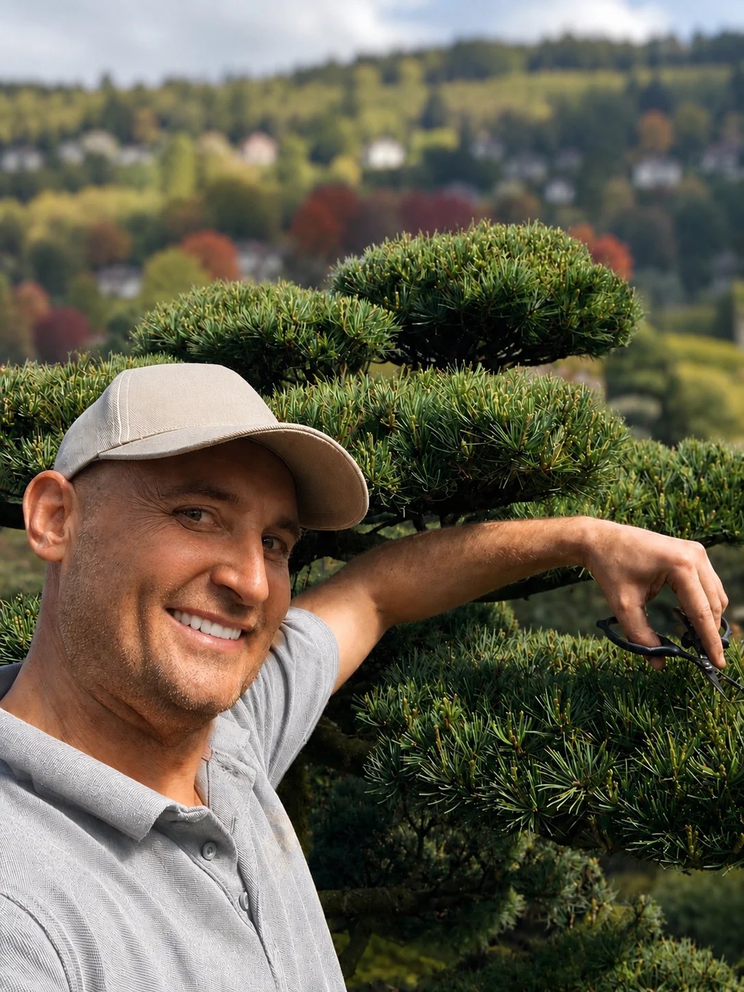 Ich lächle neben einer formgeschnittenen Japanischen Mädchenkiefer (Pinus parviflora) mit einer Schere in der Hand