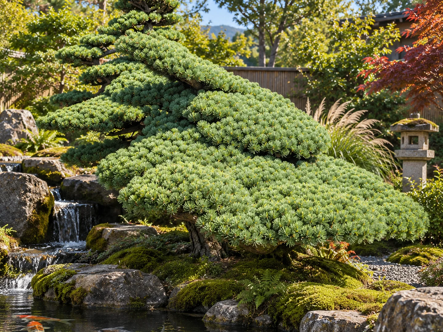 Derselbe Gartenbonsai harmonisch in einen Japangarten mit Wasserlauf integriert – Zustand nachher